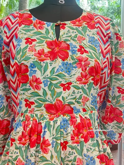 A close-up of a new festive printed kurta. The vibrant floral pattern and keyhole neckline detail make it a joyful piece to wear.