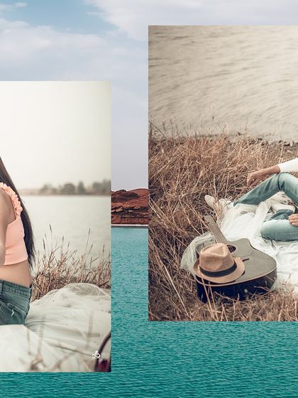 A collage from a lakeside picnic pre-wedding shoot, filled with adventurous and romantic moments.