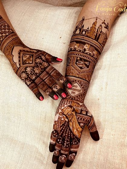 A custom design for an NRI bride from Dubai, featuring the Dubai skyline, a ghunghat bride figure, and the couple's names.