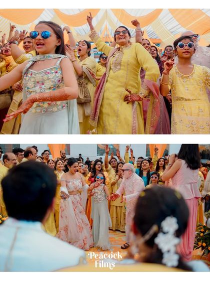 The dance floor is for everyone! This collage captures the infectious energy of the guests, young and old, dancing their hearts out at the Haldi celebration.