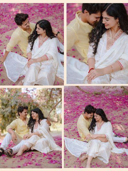 A collage of candid moments amidst a carpet of pink petals. Their pre-wedding session was filled with laughter and natural interactions, reflecting their easygoing love.