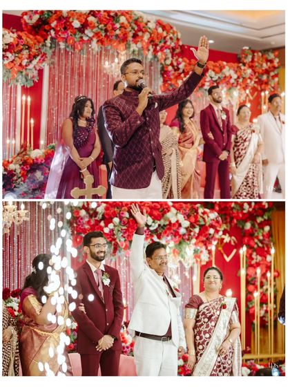 Capturing the heartfelt moments of Jerin and Gladys' reception. From the groom's speech to the family's blessings, the vibrant red floral backdrop provided a stunning setting for these precious memories.