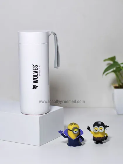 A clean white thermal flask with a grey carrying strap, branded for Wolves. This is a great example of a stylish and practical piece of merchandise.