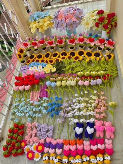 A huge order displayed on my corridor, featuring a wide variety of amigurumi characters.