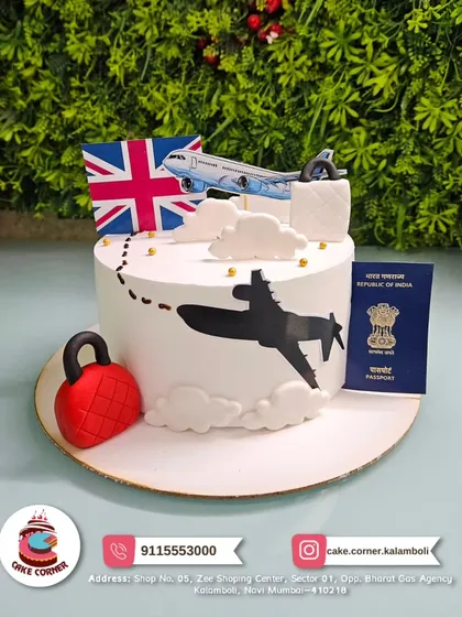 A travel-themed cake for someone heading to the UK. Featuring a passport, airplane, and the Union Jack flag, it's the perfect send-off treat.