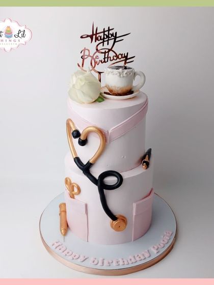 A sweet prescription for Dr. Pooja's birthday. This two-tiered medical-themed cake is decorated with a stethoscope, a coffee cup, and other doctor essentials.