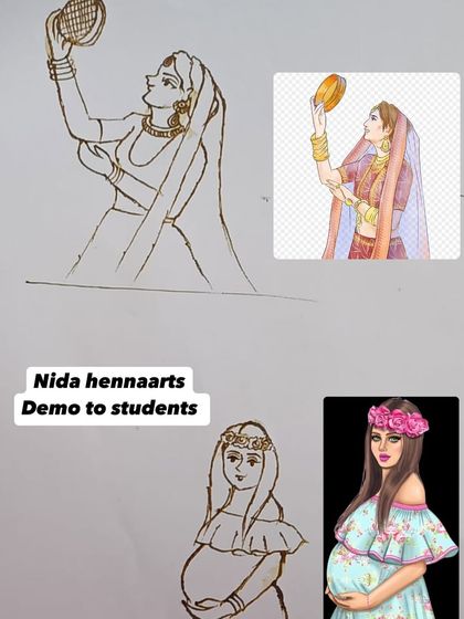 We practice creating figures for all occasions. This shows how we adapt reference images for a Karva Chauth design and a baby shower theme into mehandi art.