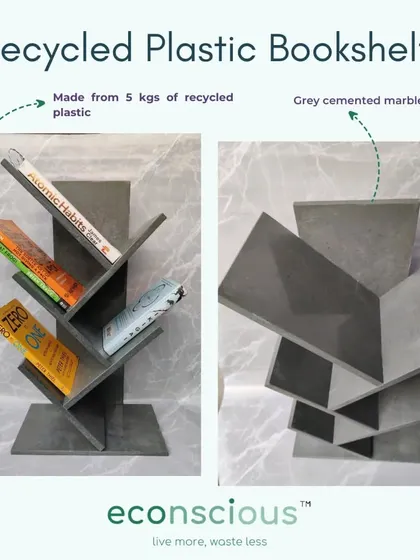Meet our recycled plastic bookshelf, a piece that truly makes a statement. Each one is handcrafted from 5 kilograms of plastic waste, transforming what was once trash into a strong, durable, and beautiful home for your favorite books.