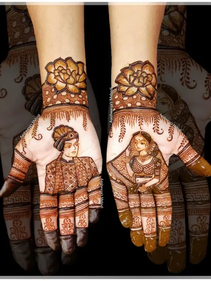 Your love story, drawn on your hands. I specialize in creating detailed couple portraits, like this beautiful moment between the bride and groom, making your mehndi a unique reflection of your journey together.
