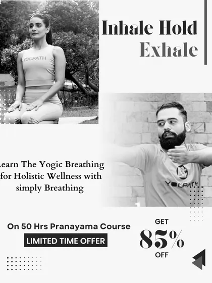 Inhale, Hold, Exhale. This graphic advertises a limited-time offer on our 50-hour Pranayama course, where you can learn yogic breathing for holistic wellness and stress reduction.