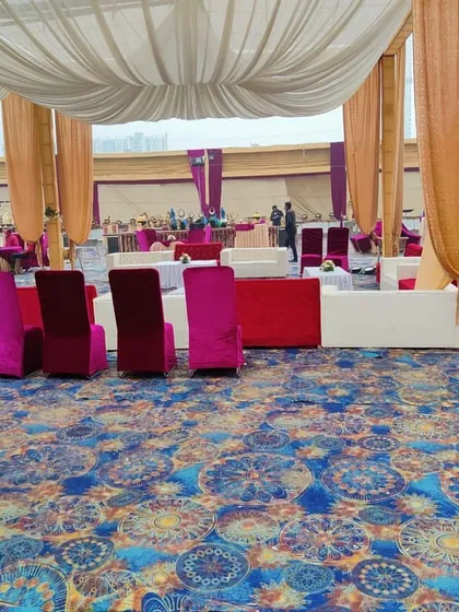 Another perspective of the mixed seating layout, showing how I arrange furniture to facilitate conversation while ensuring ample space for movement within the tent.