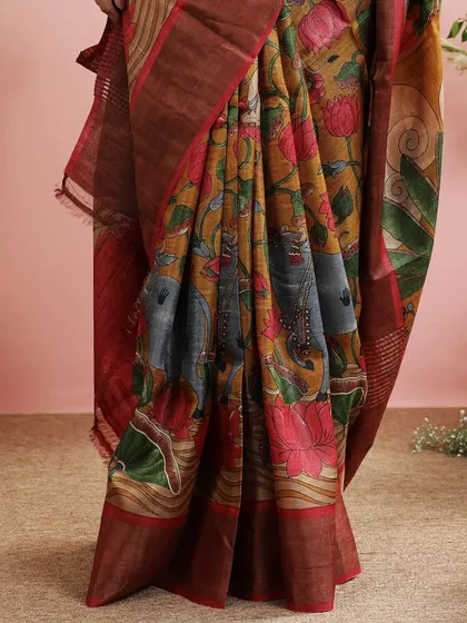 A detailed shot of the elephant motif within the mythological print, a symbol of royalty and grace.