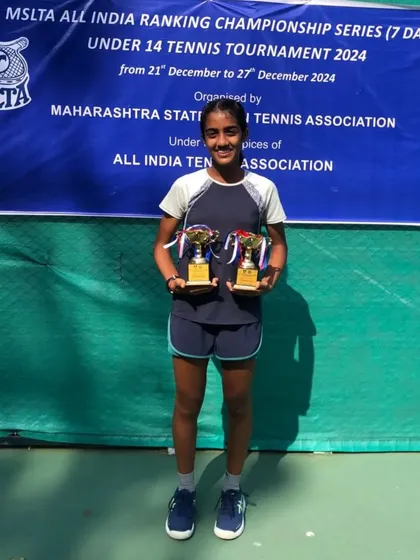 Tuhina Roy at the MSLTA venue with her two runner-up trophies from the U-14 Championship Series.