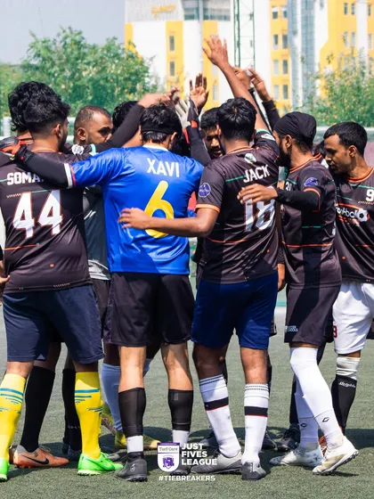 This is what true team bonding looks like. A pre-game huddle at the Just Fives League, where strategy is discussed and spirits are high. These are the moments that build unity and last long after the final whistle.