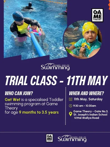 It's never too early to get comfortable in the water. This poster announces a free trial class for our Michael Phelps "Get Wet" swimming program, a specialized course for toddlers aged 9 months to 3.5 years.