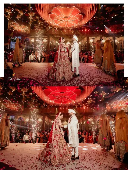 The magical Varmala exchange, framed by a shower of petals and the glow of sparklers. We aim to capture the peak moments of your ceremony with a cinematic and dramatic flair.