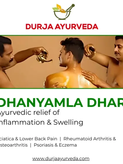 Dhanyamla Dhara is a treatment where a warm, fermented herbal liquid is poured over the body. It is highly effective for reducing inflammation and swelling associated with rheumatoid arthritis, osteoarthritis, and sciatica.