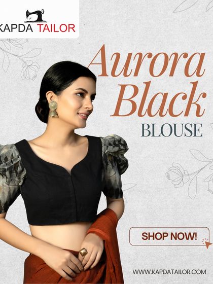 Grace meets glam in the Aurora Black Blouse. The delicate cotton and chanderi puff sleeves combined with a flattering sweetheart neckline make this the perfect match for your favorite sarees.