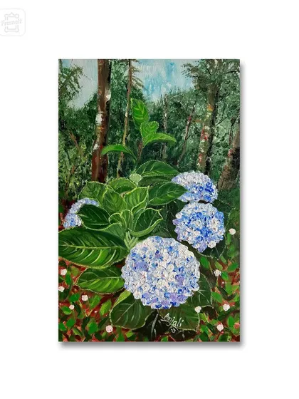 The finished painting of "The Blue Hydrangeas," inspired by my trip to Wayanad. The lush greenery and vibrant blue of the flowers capture the essence of the Kerala landscape.