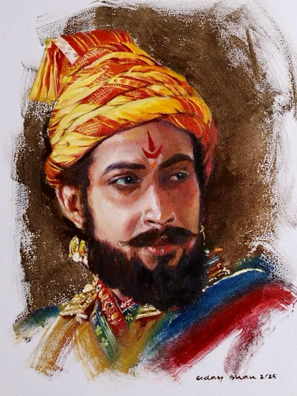 An oil on canvas portrait of Chhatrapati Sambhaji Maharaj, created as a demonstration for an online workshop. The vibrant colors of the turban and the strong expression were the focus.
