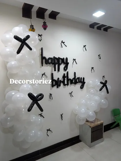 Another view of the modern black and white balloon wall decor, showing how it can effectively decorate a corner space.