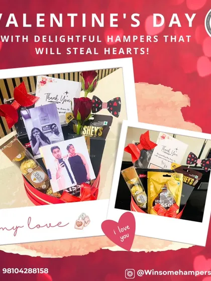Celebrate Valentine's Day with delightful hampers that will steal hearts. This heart-themed box can be personalized with photos and is filled with romantic treats.