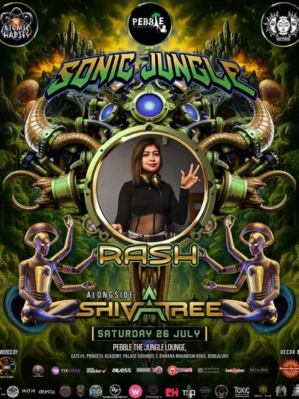 This poster for the 'Sonic Jungle' event captures the tribal, high-energy vibe of my sets. I was thrilled to share the stage with one of my favorites, Shivatree, for a night of full-power psytrance.