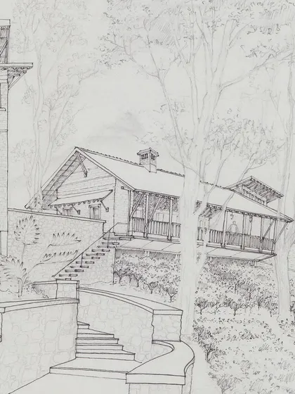 A perspective sketch of the PLENTI House, envisioning how the final building with its verandas and terraced steps would feel. This helps both me and the client visualize the space before construction begins.
