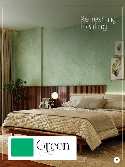 Green is a refreshing and healing color. We used a soft green limewash paint in this bedroom to create a restful and natural atmosphere.