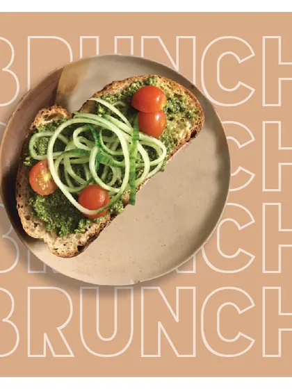 A healthy and nutritious brunch featuring sourdough topped with my keto Celery Pesto and cucumber noodles. It's a light, refreshing, and flavorful way to start your day.