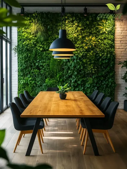 We believe a productive workspace is a green workspace. This office dining area features a floor-to-ceiling artificial green wall that enhances the room's aesthetic, improves acoustics, and boosts employee wellness.