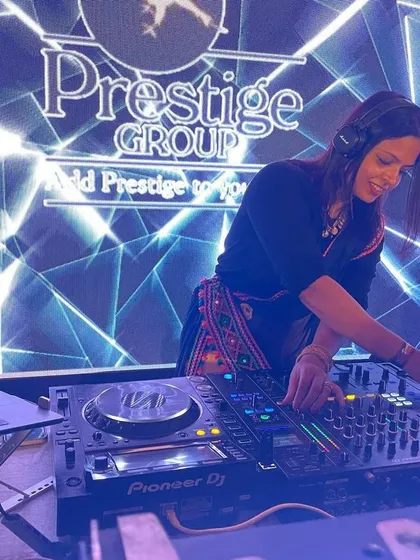 In the zone, mixing tracks for a corporate Dandiya event for the Prestige Group. The geometric light setup created an amazing atmosphere for the dance floor.
