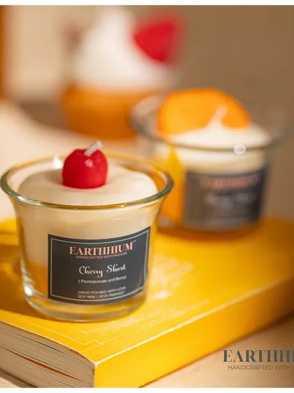 A closer look at my Cherry Shot and Orange Shot glass candles, perfect for small spaces.