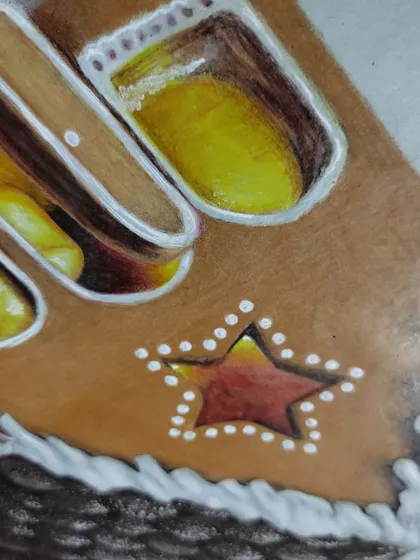 A detail shot of the glowing windows of the gingerbread house.