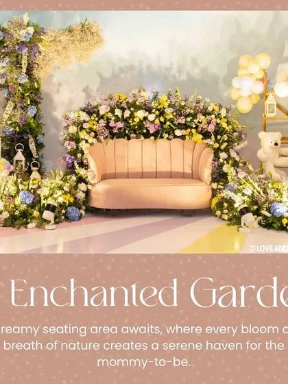 I designed this enchanted garden seating area for a baby shower, creating a serene haven for the mommy-to-be. The plush pink sofa is framed by a cascade of fresh flowers and surrounded by whimsical teddy bears, making it a perfect spot for photos and relaxation.