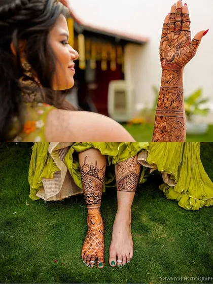 A full bridal mehendi includes beautiful artistry on the feet as well. This collage shows the detailed work on the bride's arm and a glimpse of the complementary design on her feet.