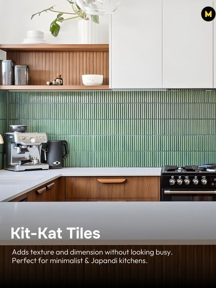 Kit-Kat tiles are perfect for minimalist and Japandi kitchens. Their slim, vertical shape adds texture and dimension without looking busy, as seen in this serene green backsplash.