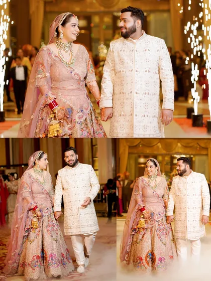 A collage showing the couple's grand entrance, walking hand-in-hand through sparklers and smoke.
