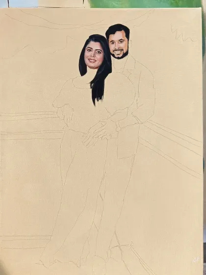 A work-in-progress shot. This is how a painting starts, with a detailed sketch and the first layers of color.