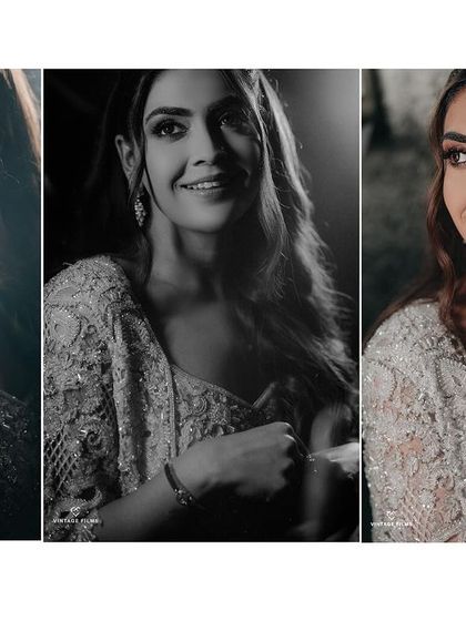 A triptych of bride Ashmeet's portraits from the cocktail night. The mix of color, black and white, and artistic light flares showcases her radiant look and the glamorous vibe of the evening.