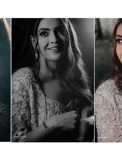 A triptych of artistic bridal portraits. The mix of color, black and white, and a rainbow light flare showcases the bride's beauty and personality in a creative and dynamic way.