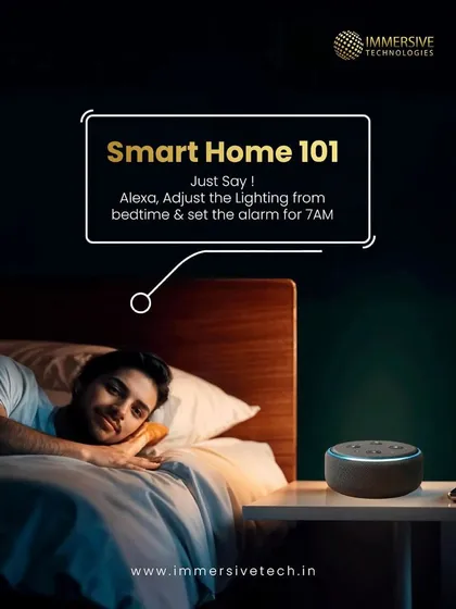 Smart home control can be as simple as speaking. This image illustrates a common bedtime command, where a user asks Alexa to adjust the lighting and set an alarm, showcasing the convenience of voice-controlled automation.