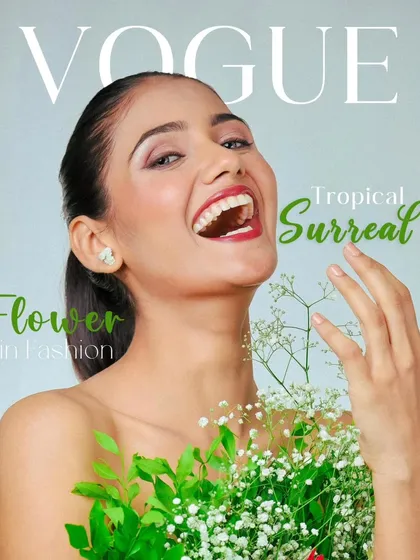 A joyful and surreal VOGUE cover concept. We used fresh flowers and a clean background to create a 'Tropical Surreal' theme that feels both high-fashion and full of life.