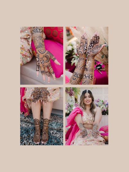 A collage focusing on the bride's intricate Mehendi design. It showcases the beautiful henna art on her hands and feet, a key detail of the bridal look.