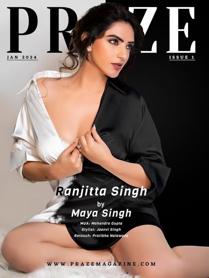 A modern and minimalist cover for Praze Magazine with Ranjitta Singh. The black and white split design creates a graphic, high-contrast image that is both artistic and commercially appealing.