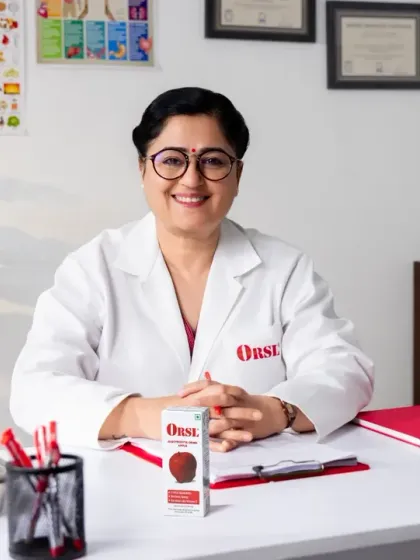 A portrait of a medical professional for a wellness brand campaign. We built a doctor's clinic set in our studio to create an environment of trust and authority, with the product placed naturally on the desk.