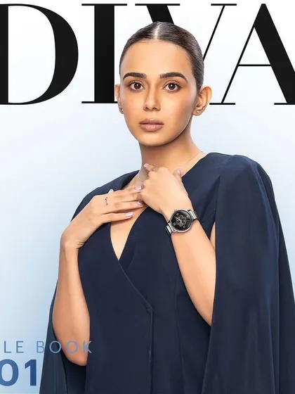 A final campaign image of Monica Chaudhary for Noise. The confidence she exudes is a testament to how the right styling, like this elegant cape dress, can empower the person wearing it.