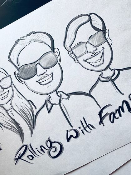 "Rolling with Fam." A cool caricature of three family members or friends, all rocking sunglasses and big smiles.