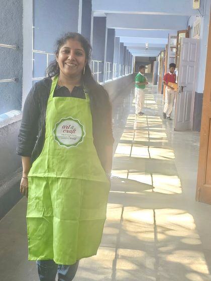 Ready for a day of creativity! Wearing my official apron for a Fevicryl workshop at a school in Dadar.