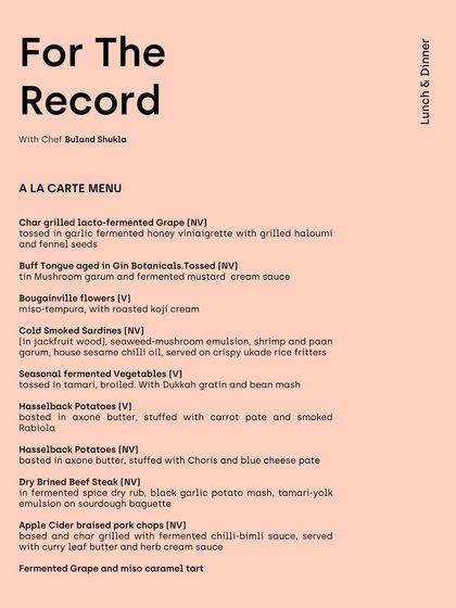 The inventive à la carte menu from the 'For The Record' pop-up. Dishes like char-grilled lacto-fermented grapes and buff tongue aged in gin botanicals demonstrate a creative and fearless approach to fermentation.